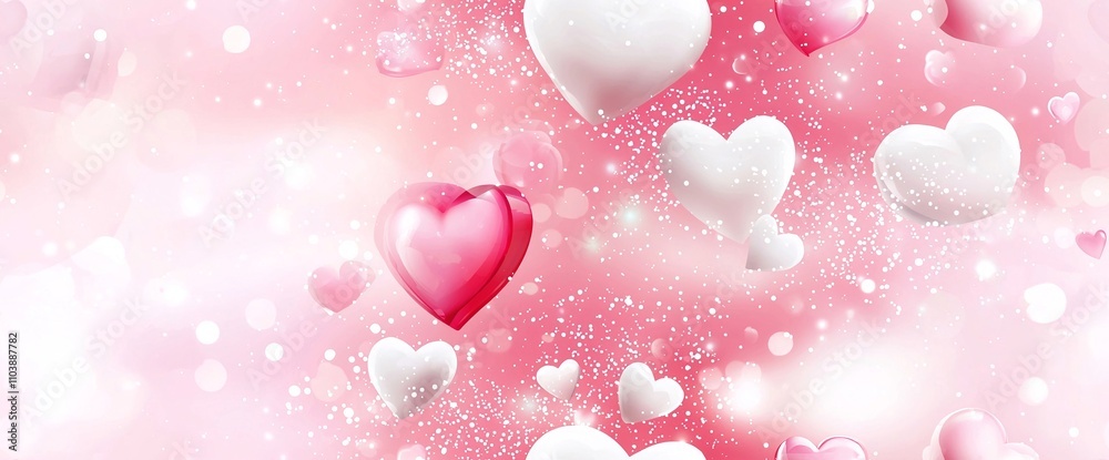 Obraz premium Sfondo rosa con cuori di diverse dimensioni che fluttuano. Effetti luminosi e scintillanti. Sfondo per cartoline digitali, banner e post sui social media