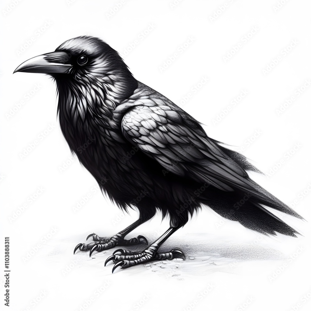 Fototapeta premium 흰 배경, 까마귀, 펜슬 드로잉, jpeg (white background, crow, pencil drawing, jpeg)