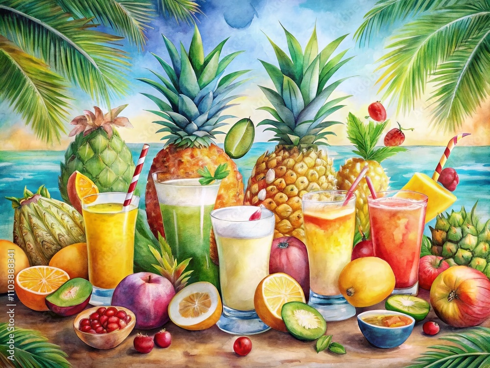 Surreal Watercolor Illustration of Refreshing Summer Drinks Surrounded by Vibrant Tropical Fruits, Perfect for Invoking a Relaxing Island Vibe and Seasonal Enjoyment