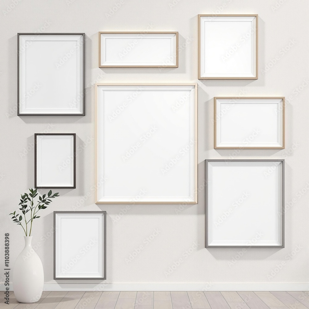 Group of modern photo frames hanging on a wall, contemporary style, framed photos, modern photo frames Group of modern photo frames hanging on a wall, contemporary style, framed photos, modern photo frames