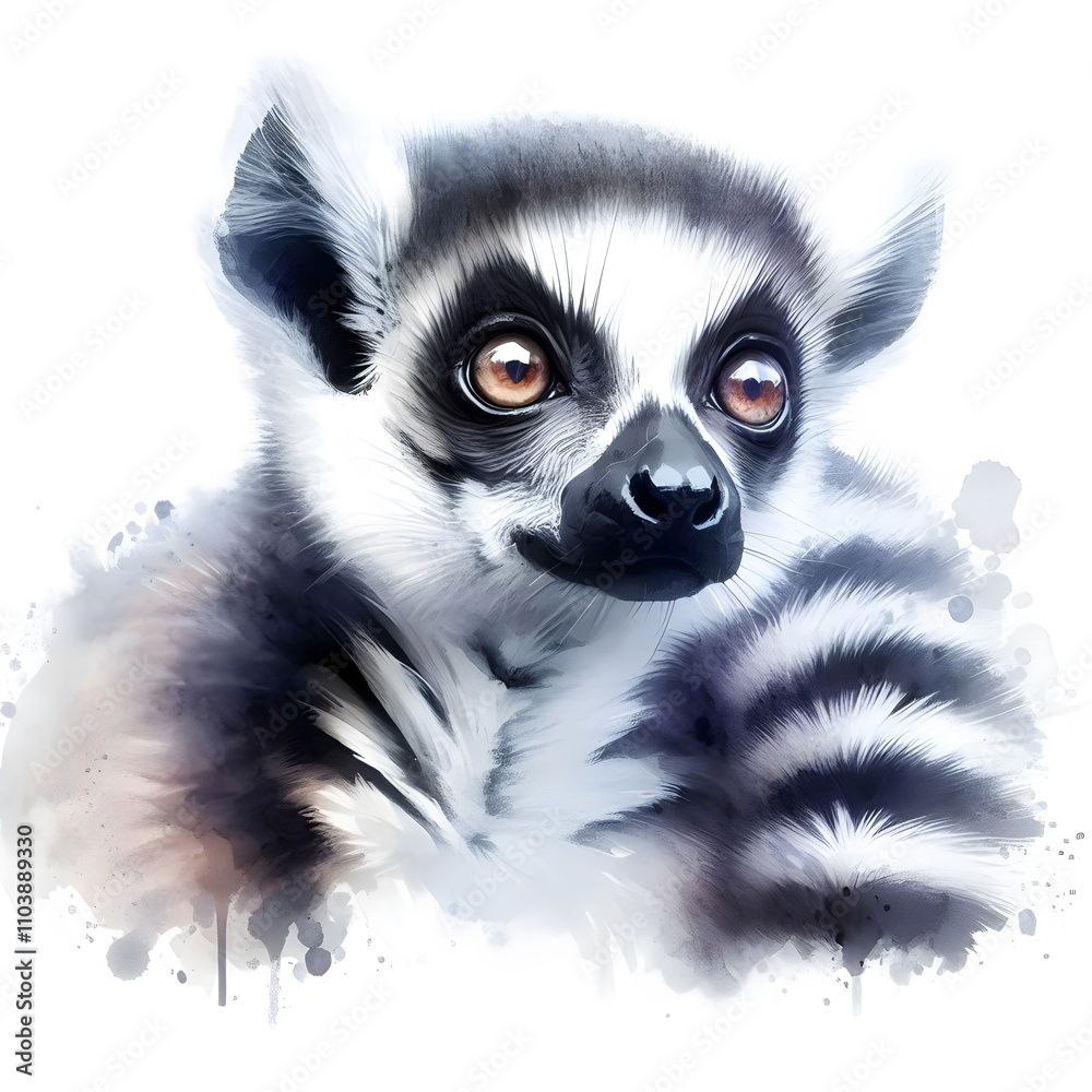 Fototapeta premium 흰 배경, 알락꼬리 여우원숭이, 수채화, jpeg (white background, Ring tailed lemur, water colour, jpeg)