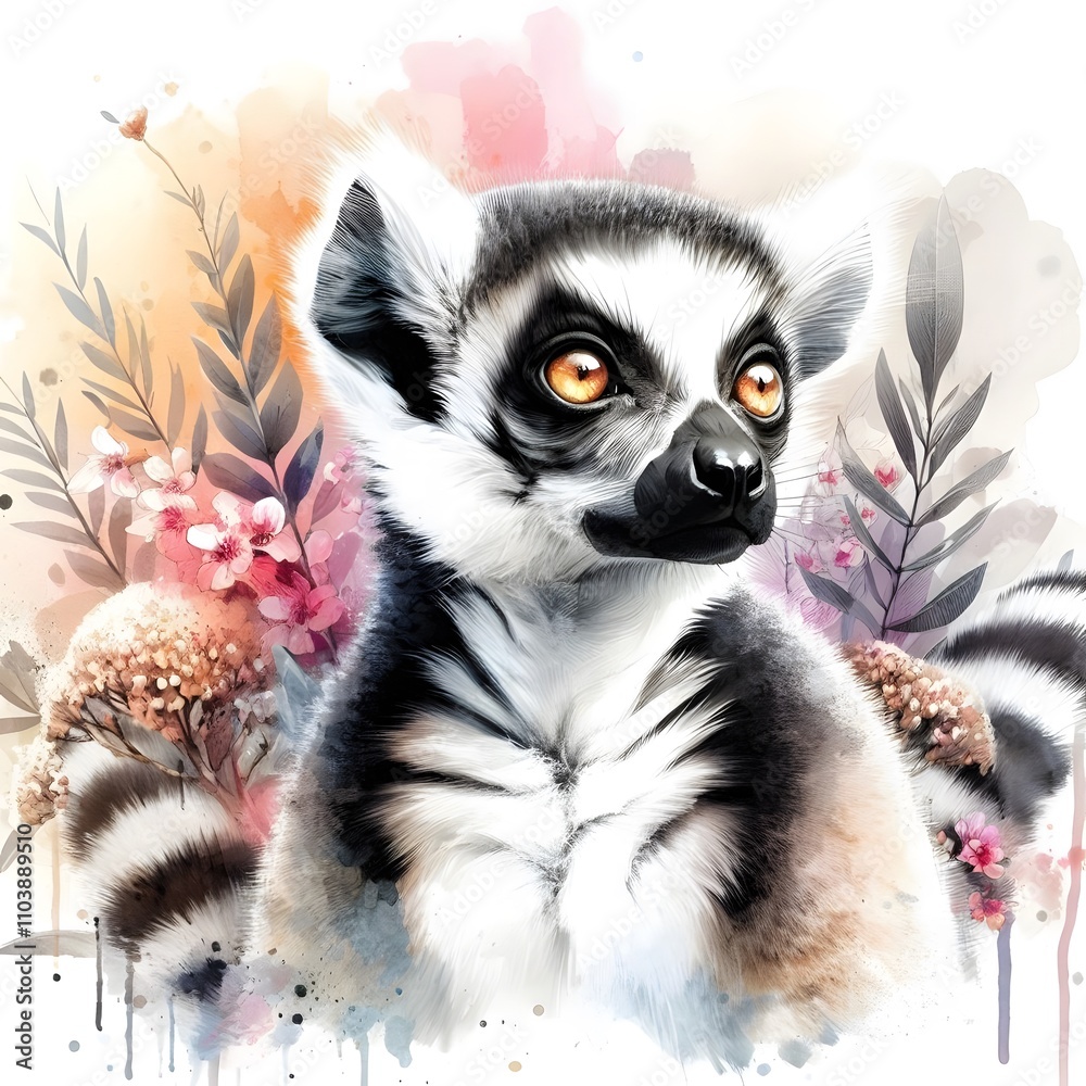 Fototapeta premium 흰 배경, 알락꼬리 여우원숭이, 수채화, jpeg (white background, Ring tailed lemur, water colour, jpeg)