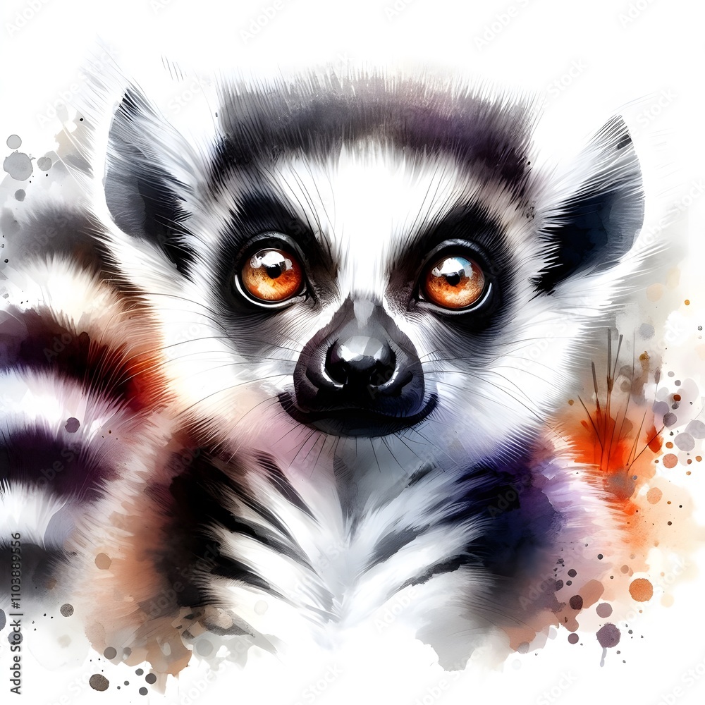 Fototapeta premium 흰 배경, 알락꼬리 여우원숭이, 수채화, jpeg (white background, Ring tailed lemur, water colour, jpeg)
