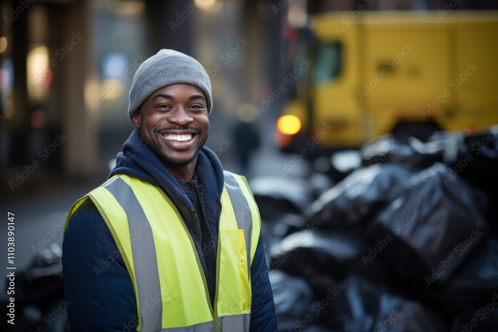 Smiling portrait of a young male African American garbage worker Smiling portrait of a young male African American garbage worker