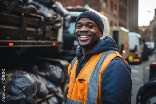 Smiling portrait of a young male African American garbage worker