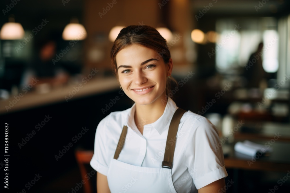 Smiling portrait of a young female waitress in cafe Smiling portrait of a young female waitress in cafe