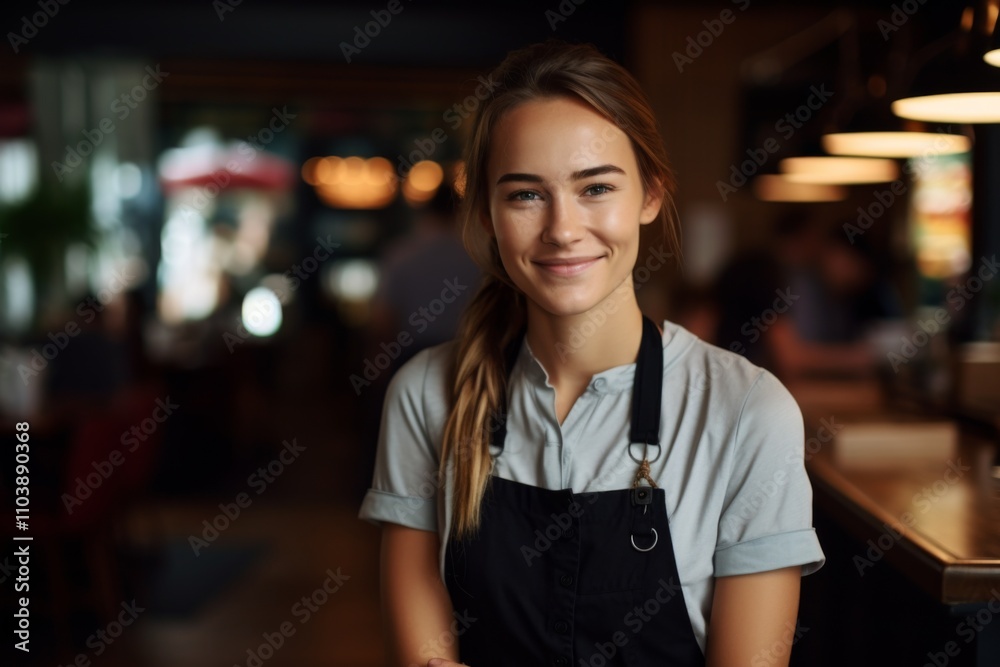 Smiling portrait of a young female waitress in cafe Smiling portrait of a young female waitress in cafe