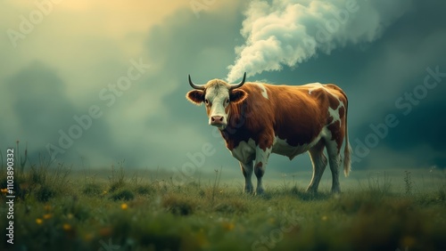 Cows produce methane, contributing to global warming.  Livestock farming impacts the environment. photo