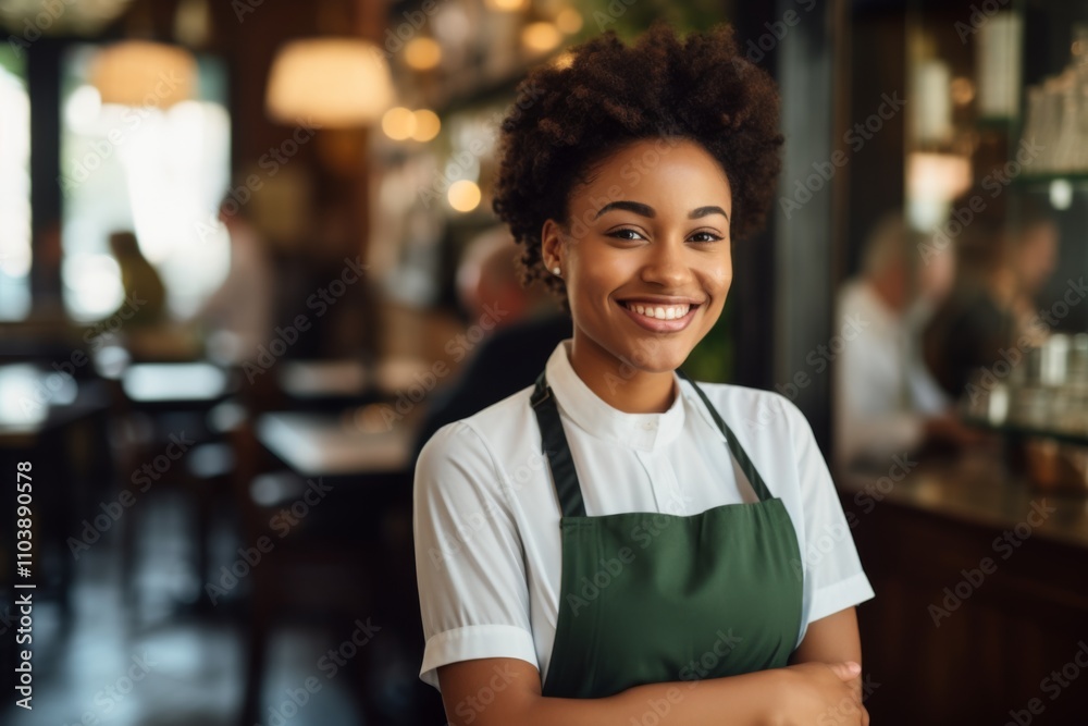 Smiling portrait of a young female waitress in cafe Smiling portrait of a young female waitress in cafe