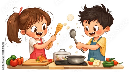 Happy kids playfully cooking together in kitchen.