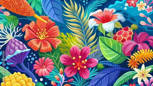 bright tropical ocean floral seamless digital paper, vibrant colours of hibiscus, plumeria, and underwater coral blooms, with a lively coastal vibe, perfect for summer projects