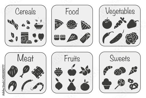 Everything in the store and supermarket. Dark market icons. Supermarket symbols.