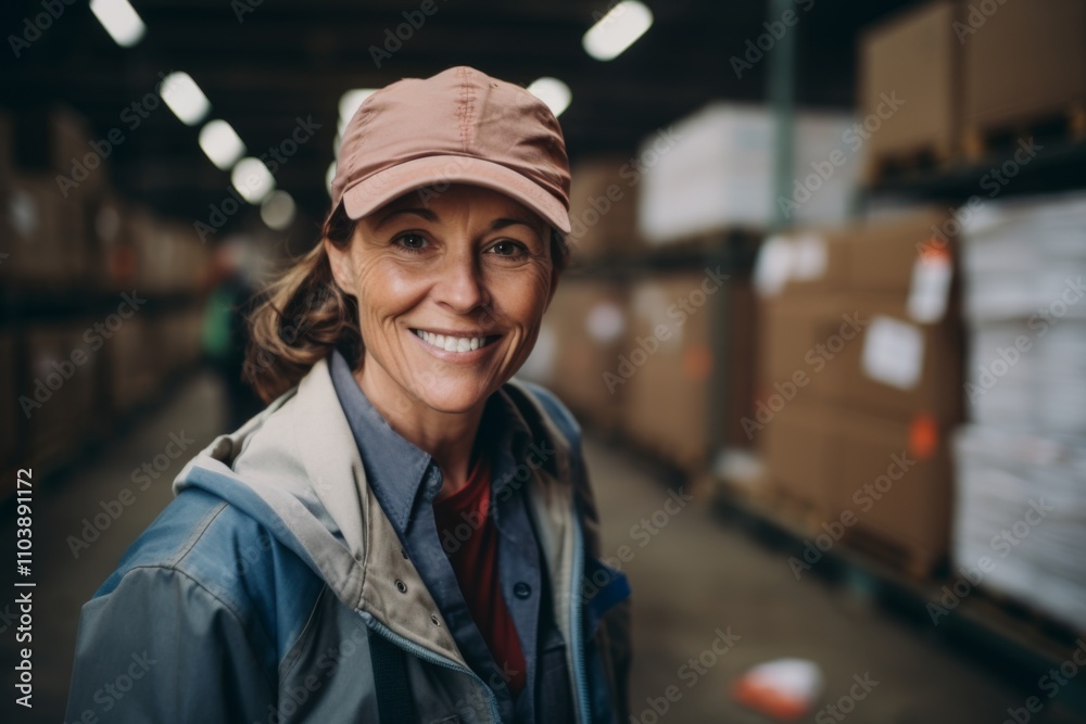 Portrait of a joyful middle aged female warehouse worker Portrait of a joyful middle aged female warehouse worker