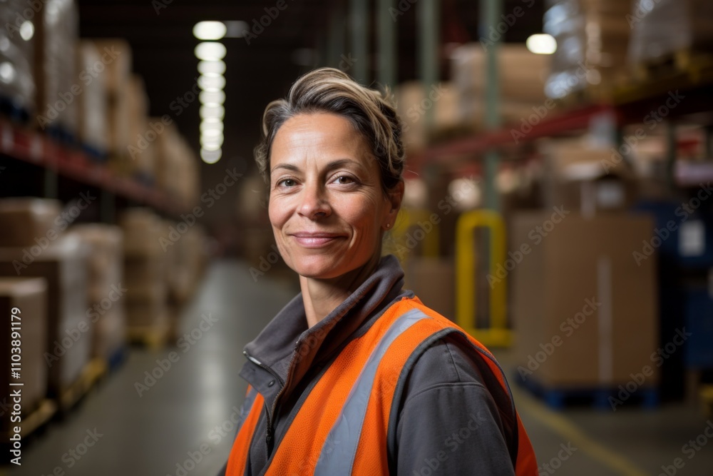 Portrait of a joyful middle aged female warehouse worker Portrait of a joyful middle aged female warehouse worker