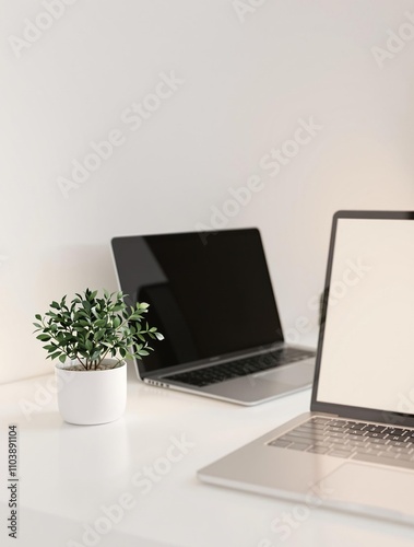 Minimalist desk setup with a small plant and a laptop  office plant  greenery  indoor plant