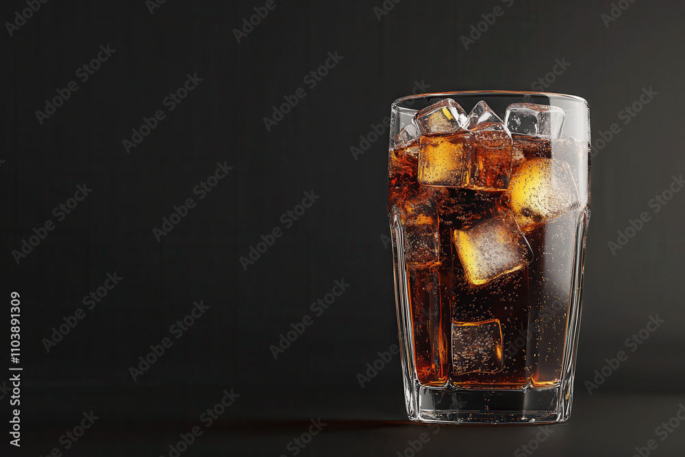 A glass of dark soda filled with ice cubes against a black background. A glass of dark soda filled with ice cubes against a black background.