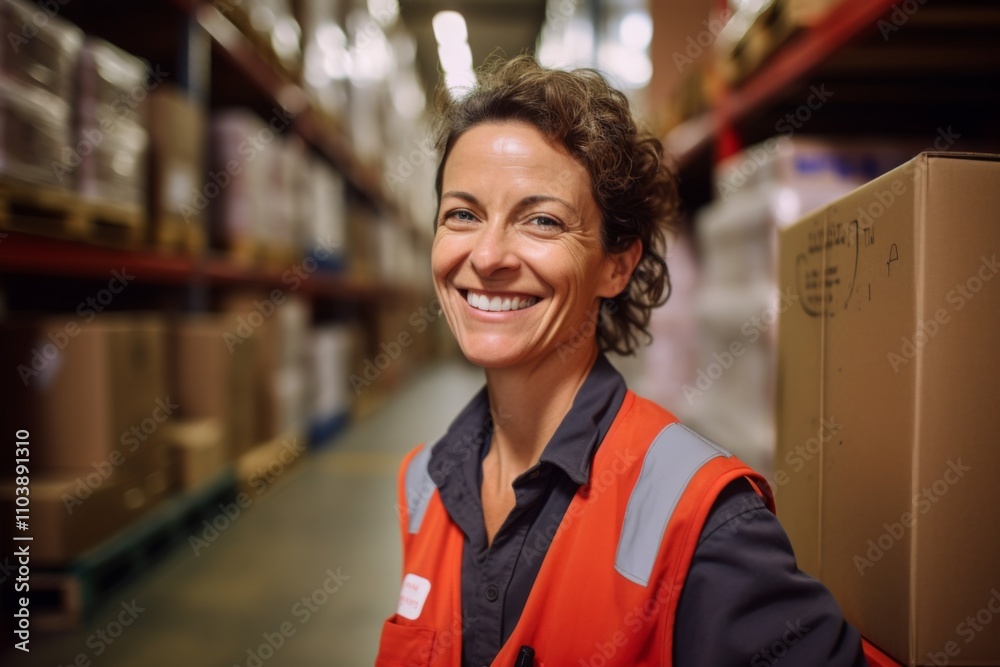 Portrait of a joyful middle aged female warehouse worker Portrait of a joyful middle aged female warehouse worker