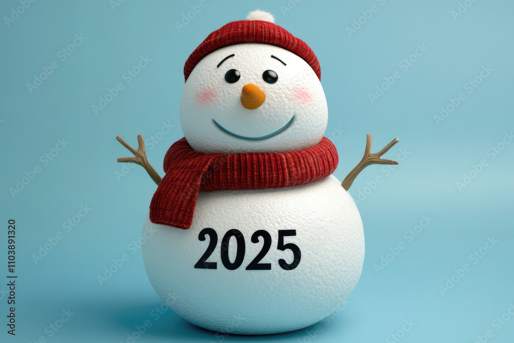 A happy snowman with a red scarf and hat displays the numbers 2025 on its body, set against a simple blue background, representing joy and winter festivities. A happy snowman with a red scarf and hat displays the numbers 2025 on its body, set against a simple blue background, representing joy and winter festivities.
