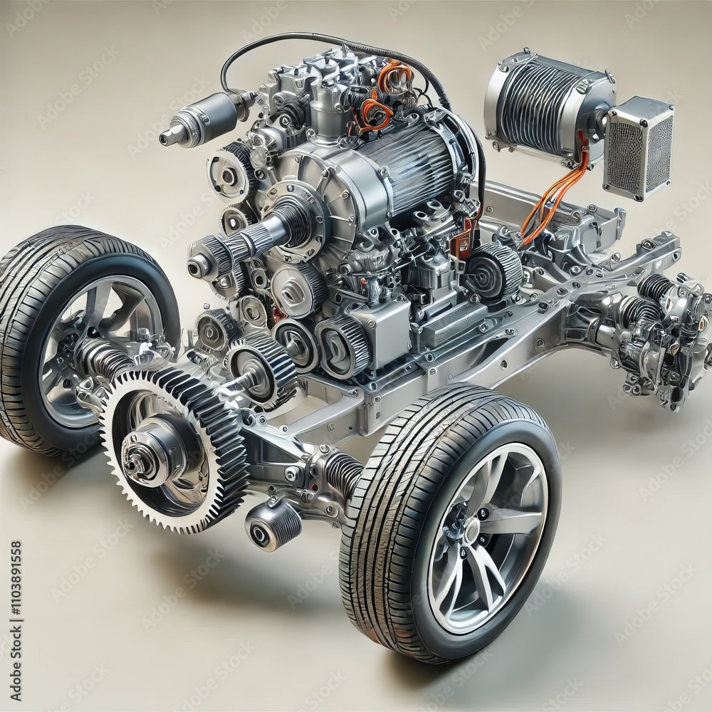 Hybrid Car Engine Chassis Gears Wheels Automotive Technology Detailed Illustration Hybrid Car Engine Chassis Gears Wheels Automotive Technology Detailed Illustration