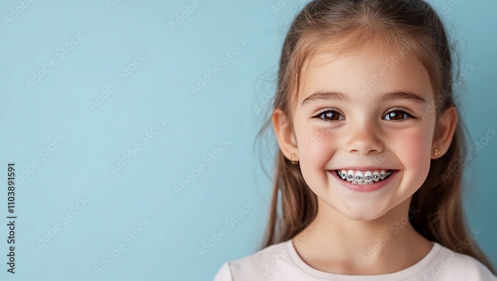 A smiling girl with braces against a light blue background. A smiling girl with braces against a light blue background.