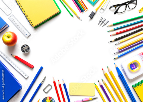 iculously arranged school supplies on a white background create a visually appealing scene for educational content and advertising opportunities.