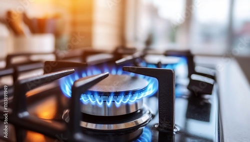 A close-up of a gas stove burner with blue flames ignited.