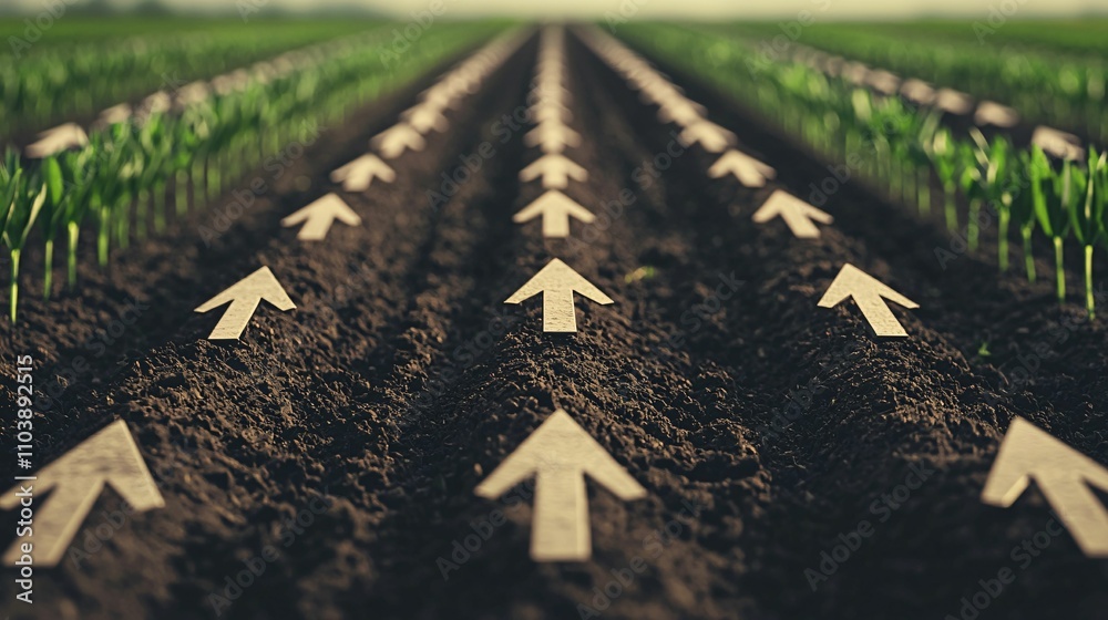 Rates and value appreciation. Rows of arrows in a field directing growth and cultivation. Rates and value appreciation. Rows of arrows in a field directing growth and cultivation.