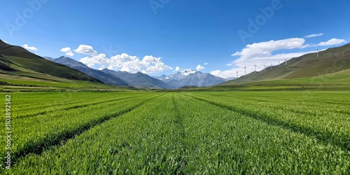 environmental consideration conservation nature concept. Lush green fields under a clear blue sky with mountains in the background.