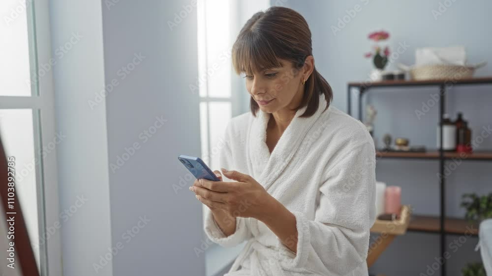 Hispanic woman in white robe with short brunette hair using smartphone in indoor spa salon Hispanic woman in white robe with short brunette hair using smartphone in indoor spa salon