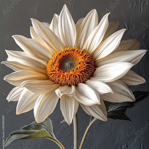 Close-up of a striking off-white sunflower, its golden center a vibrant contrast against the creamy petals. A beautiful example of nature's artistry.