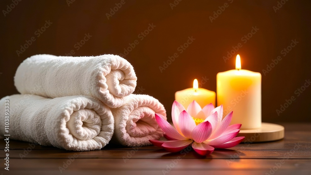 White towels, lit candles and lotus flower on wooden table, on a brown background. Illustration with items for spa and relaxation, lotus flower symbolizes cleanliness. Lifestyle, wellness, spa White towels, lit candles and lotus flower on wooden table, on a brown background. Illustration with items for spa and relaxation, lotus flower symbolizes cleanliness. Lifestyle, wellness, spa