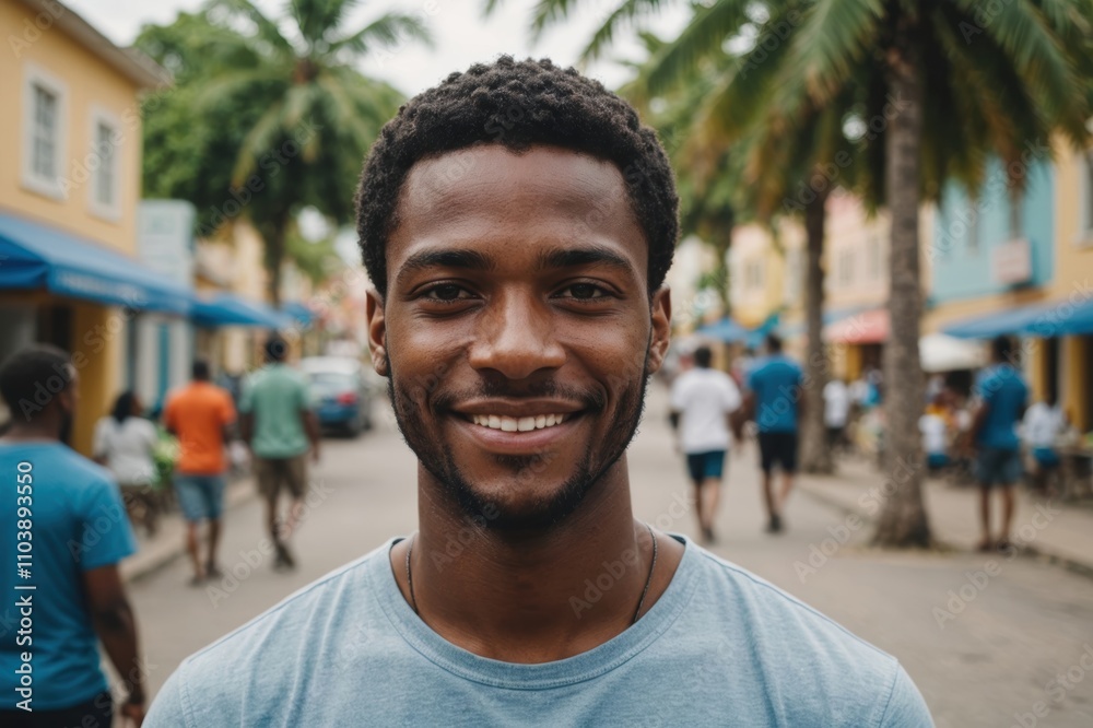 Close portrait of a smiling young Barbadian man looking at the camera, Barbadian city outdoors blurred background Close portrait of a smiling young Barbadian man looking at the camera, Barbadian city outdoors blurred background
