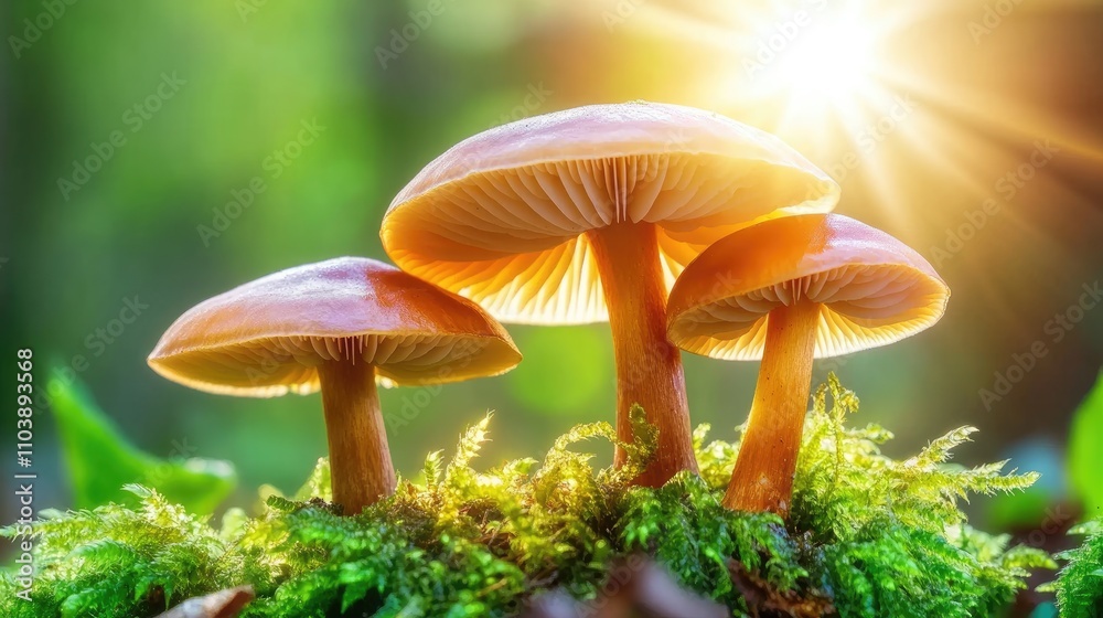 Fototapeta premium Glowing Mushrooms Under Sunlight in Forest