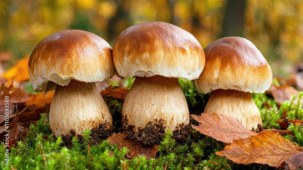Three Mushrooms in Autumn Forest Setting Three Mushrooms in Autumn Forest Setting