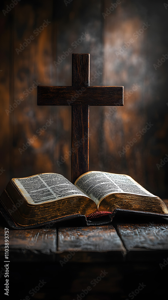 A wooden cross and an open Bible placed on a rustic wooden background, offering copy space for text. Perfect for creating a serene and spiritual wallpaper design.
A wooden cross and an open Bible placed on a rustic wooden background, offering copy space for text. Perfect for creating a serene and spiritual wallpaper design.