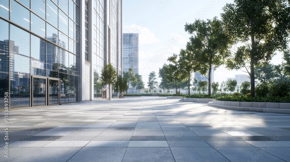 Fototapeta premium A city highway sleek style, contemporary buildings with large glass windows and geometric designs