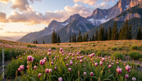 Wallpaper Mural Colorful flower field with blooming tulips and majestic mountains at sunset Torontodigital.ca