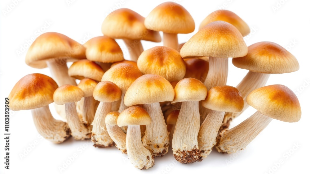 Cluster of Golden Mushrooms on White Background