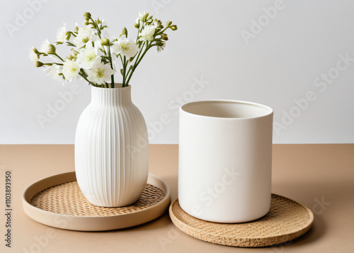 hite ceramic vase sits atop a round serving mat and plate surrounded by lagurus flowers in a craft paper envelope on a textured white background. photo