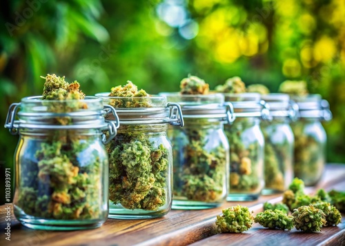 Tilt-Shift Photography of Cannabis Drying and Curing Process with Marijuana Buds in Eco-Friendly Glass Jars Set Against a Lush Green Background for Hemp Growing Concept