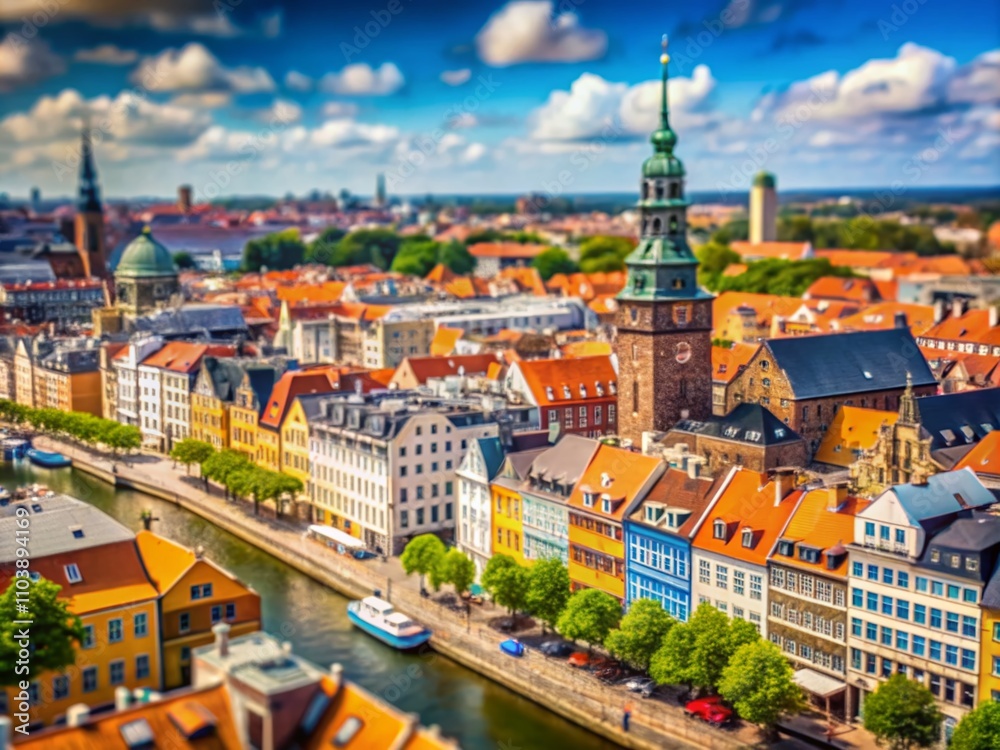 Fototapeta premium Tilt-Shift Photography of Copenhagen's Iconic Landmarks in Animation Style Capturing the Charming Architecture and Lively Atmosphere of the City