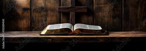 A wooden cross and an open Bible placed on a rustic wooden background, offering copy space for text. Perfect for creating a serene and spiritual wallpaper design.
