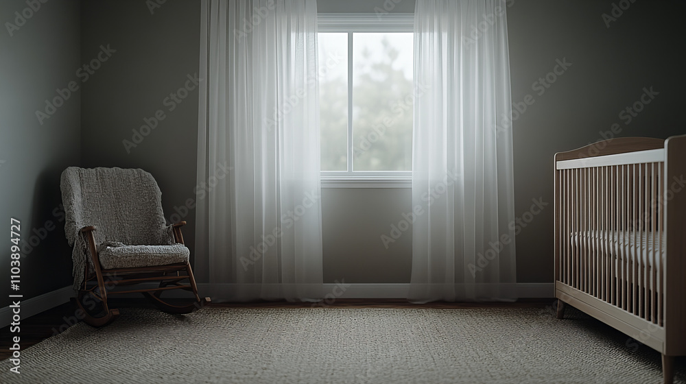 Soft neutral tones create a serene atmosphere in an empty nursery with a rocking chair and crib Soft neutral tones create a serene atmosphere in an empty nursery with a rocking chair and crib
