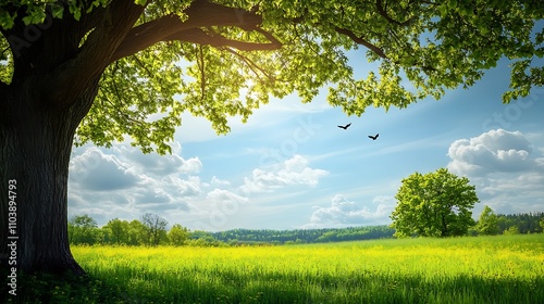 Serene spring landscape with a large tree, birds in flight, and a yellow field.