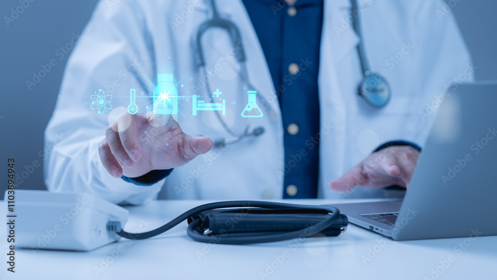 A doctor is using a laptop to show a patient a medical. The image is a combination of medical equipment and symbols, such as a stethoscope and a thermometer A doctor is using a laptop to show a patient a medical. The image is a combination of medical equipment and symbols, such as a stethoscope and a thermometer