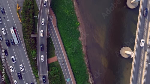 Sunset aerial video of road junction at the bridge across the Han river in Seoul, South Korea