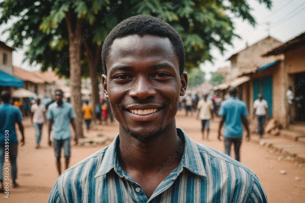 Close portrait of a smiling young Beninese man looking at the camera, Beninese city outdoors blurred background Close portrait of a smiling young Beninese man looking at the camera, Beninese city outdoors blurred background