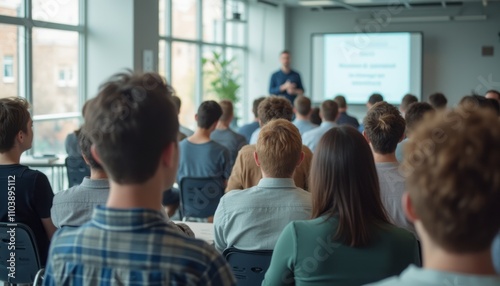 A diverse group of young adults attentively faces a speaker in a contemporary classroom, illuminated by natural light streaming through large windows. The atmosphere is charged with curiosity and