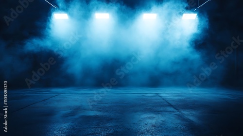 Moody blue-lit empty stage, perfect for dramatic photoshoots.