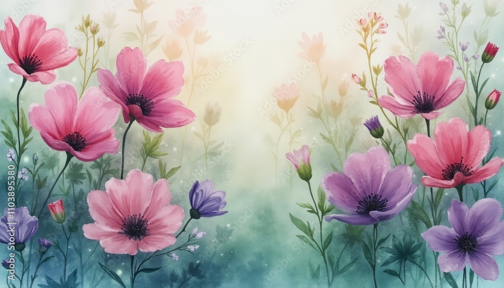 Obraz premium This enchanting image showcases a vibrant array of pink and purple flowers, gracefully swaying amidst a soft, ethereal background. The delicate petals and lush greenery create a serene atmosphere
